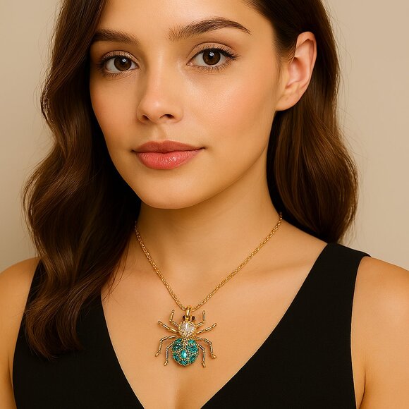 NEW Betsey Johnson Necklace Blue Rhinestone Spider Gold Chain NWT - Picture 1 of 10